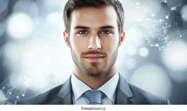 Focused Businessman with Abstract Network Background