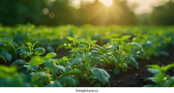 Green plants growing in a field with sunlight in the background