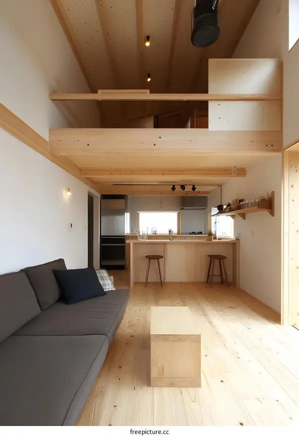 Modern Minimalist Living Room Interior Design with Wooden Beams and a Loft