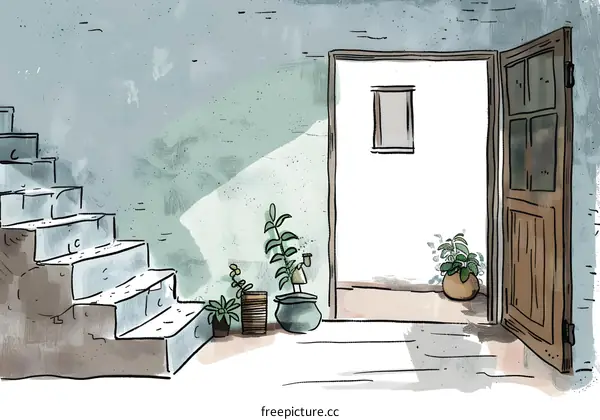 Hand Drawn Watercolor Illustration of a House Entrance with Stairs and Plants