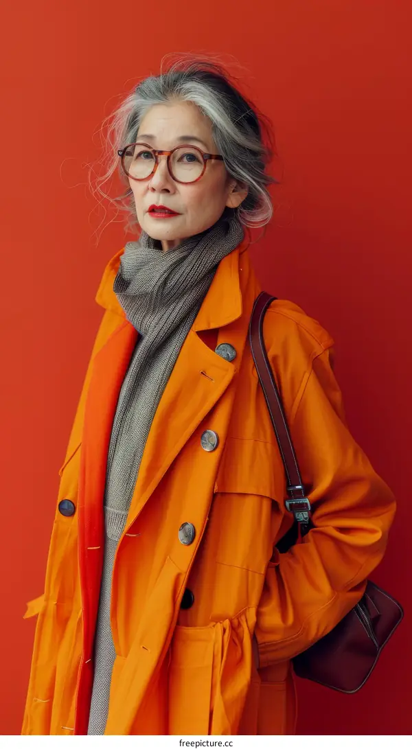 portrait of an Asian elderly woman wearing glasses and an orange coat