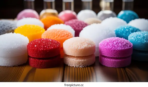 Colorful round sugar cubes on a wooden table
