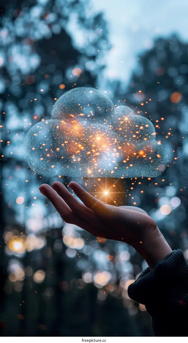 Hand holding a glowing cloud full of stars