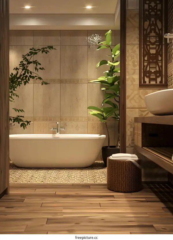 Bathtub with potted palm tree