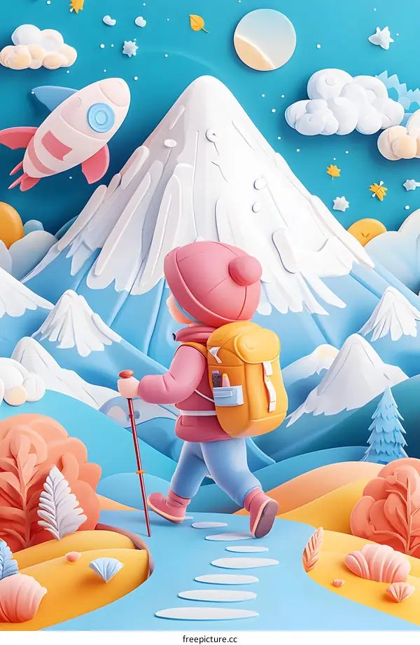 Cute Cartoon Illustration of a Person Hiking Up a Mountain