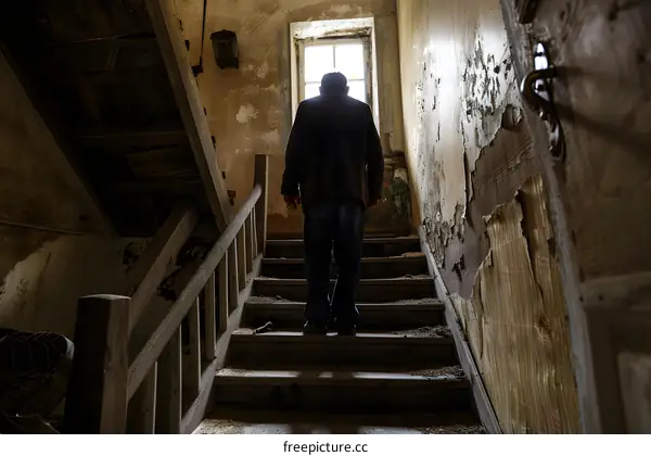 A man walking up the stairs in an old house