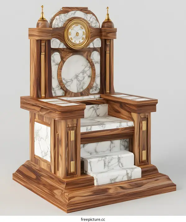 Ornate Wooden Throne with Marble Accents and Clock