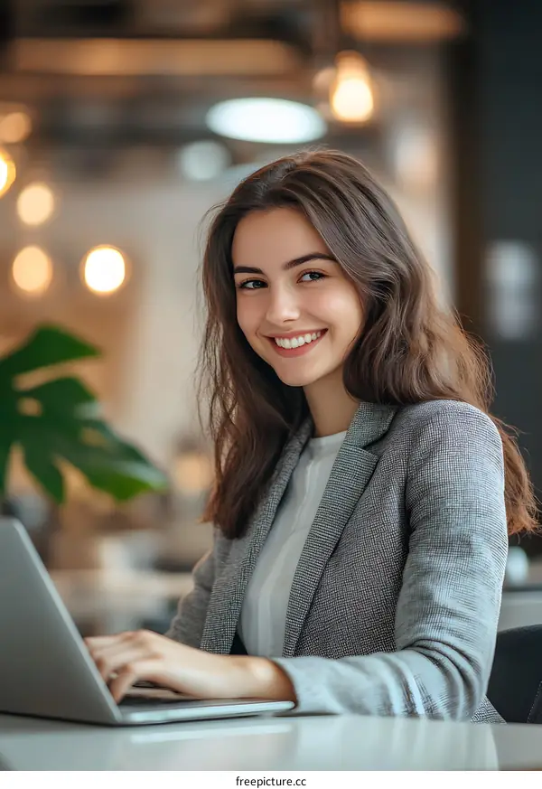 Smiling Businesswoman Working on Laptop in Office