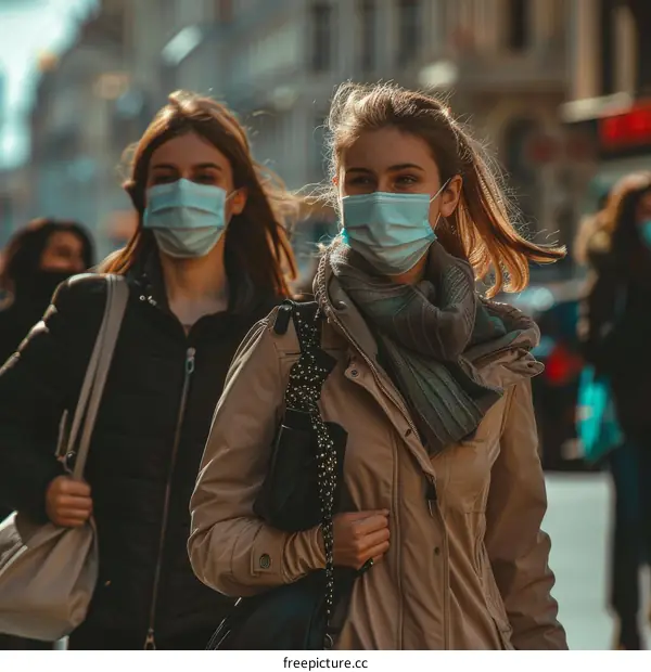 Two young women wearing surgical masks walk down a city street