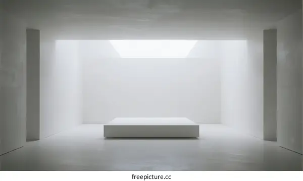 Minimalist white room with a platform and natural light from above