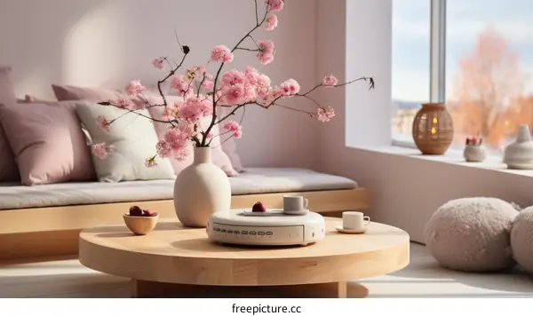 Elegant living room interior with minimalist furniture and pink flowers in vase