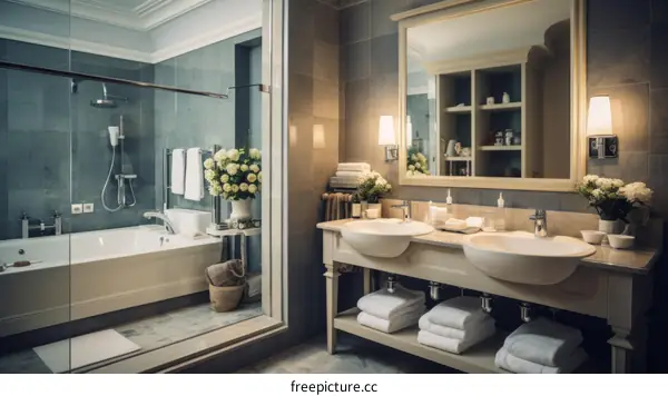 Ensuite bathroom with bathtub and double vanity