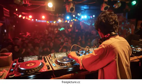 Nightclub DJ at the Turntable Mixing Electronic Dance Music