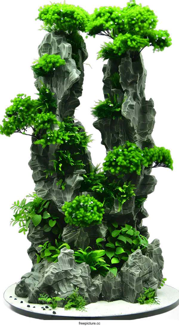 [Transparent Background PNG]Artificial Rock Mountain Landscape with Green Plants