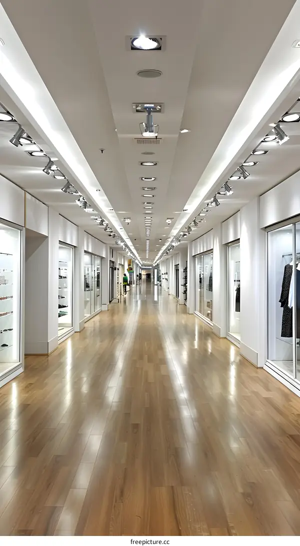 Empty Hallway of Modern Retail Store with White Walls and Bright Lighting