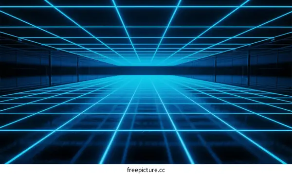 Neon Grid Tunnel with Futuristic Blue Lines and Abstract Design