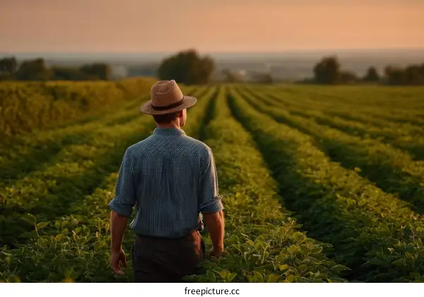 Farmer in a Field at Sunset
