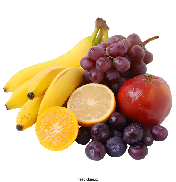 [Transparent Background PNG]Fresh Fruit Arrangement with Bananas, Grapes, Lemon, Orange and Apple