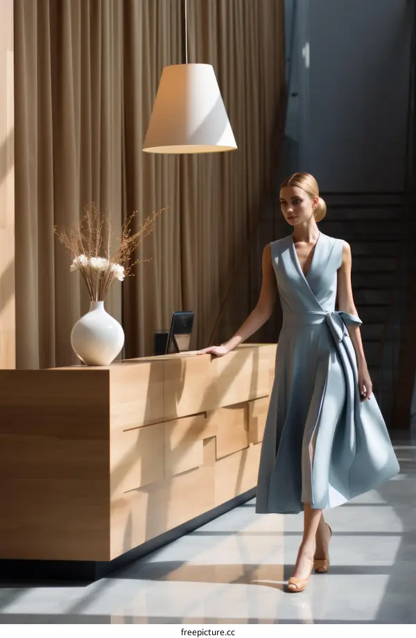 Elegant woman in blue dress standing in modern hotel lobby