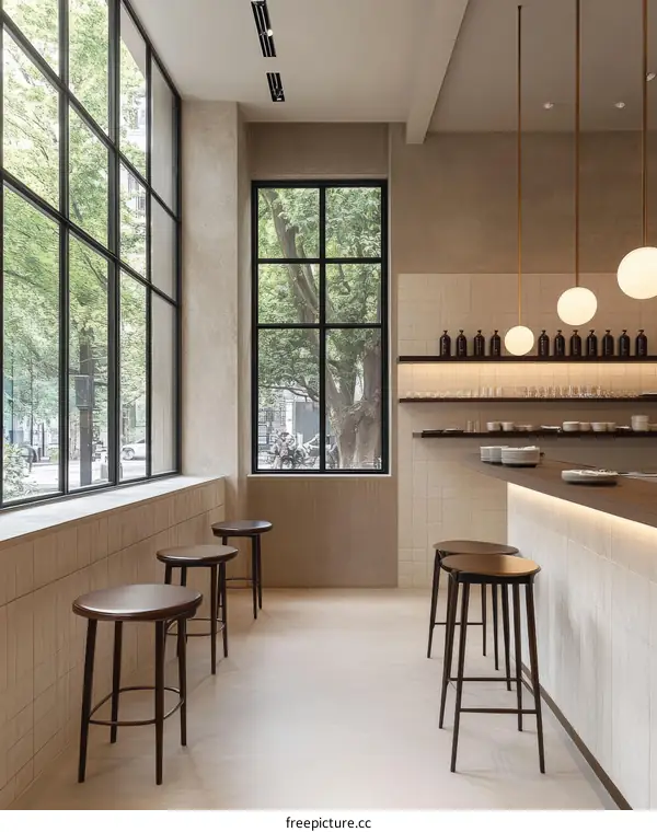Modern Cafe Interior with Large Windows