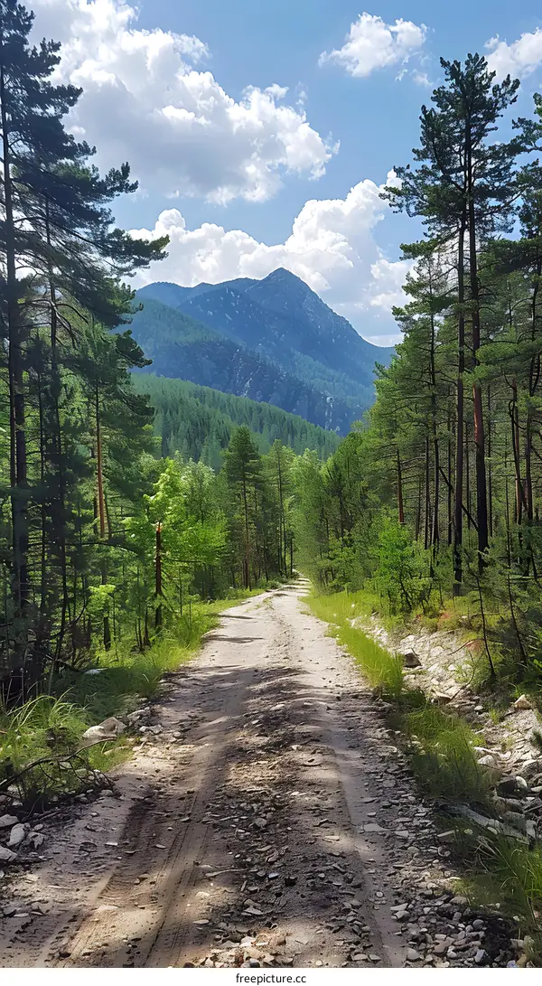 Dirt Road Through Lush Green Forest with Mountain View