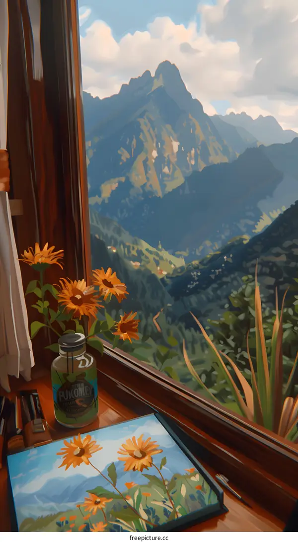 Mountain View from Window with Sunflowers