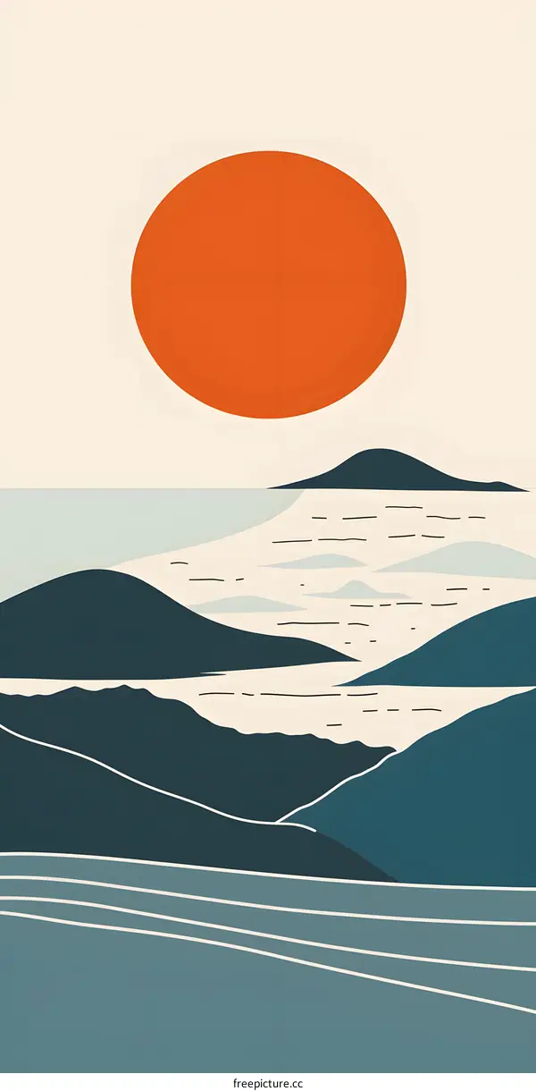 Abstract Minimalist Landscape with Sun and Mountains