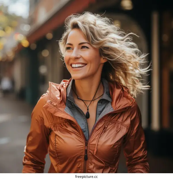 Portrait of a smiling blonde woman in a brown jacket