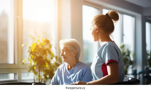 A young nurse is talking to a senior woman in a wheelchair