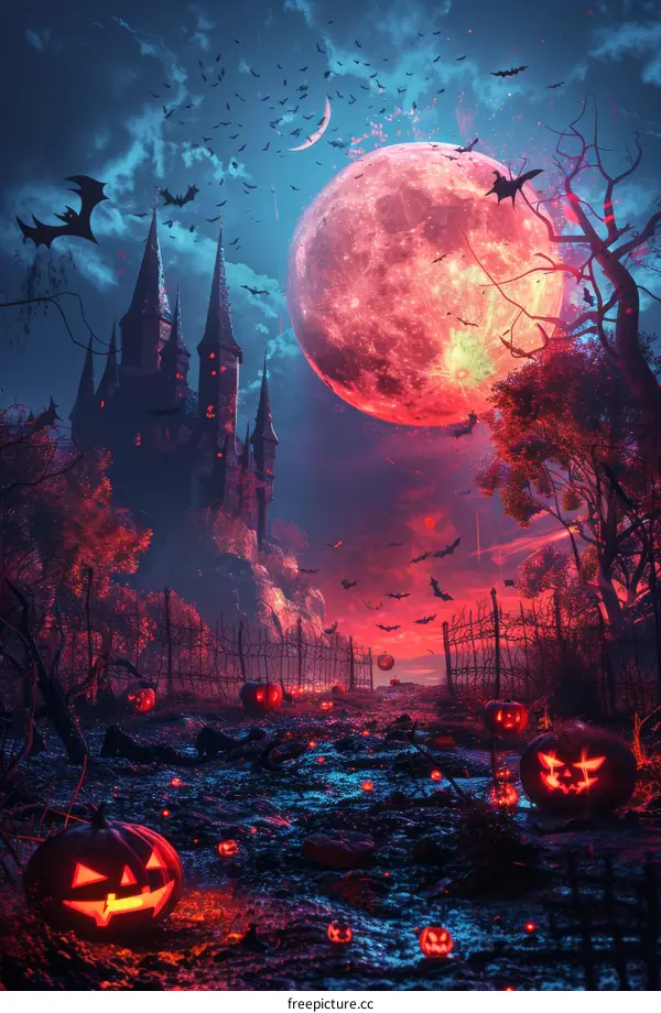 Halloween Decorated Pumpkin In Front Of Castle