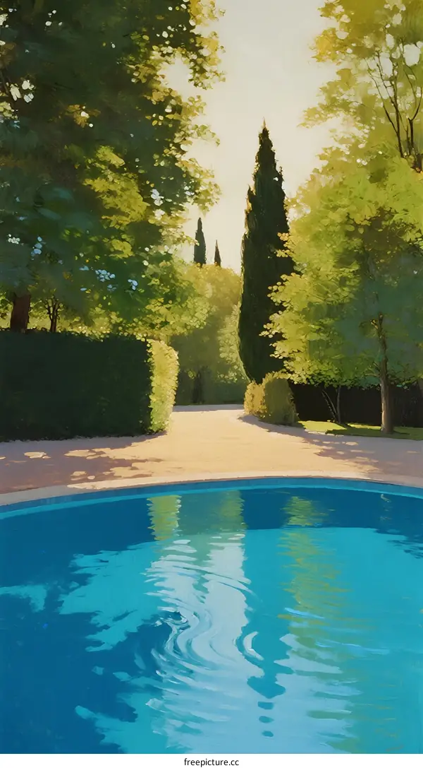 Sunlit Pool Amidst Lush Greenery with Tall Trees