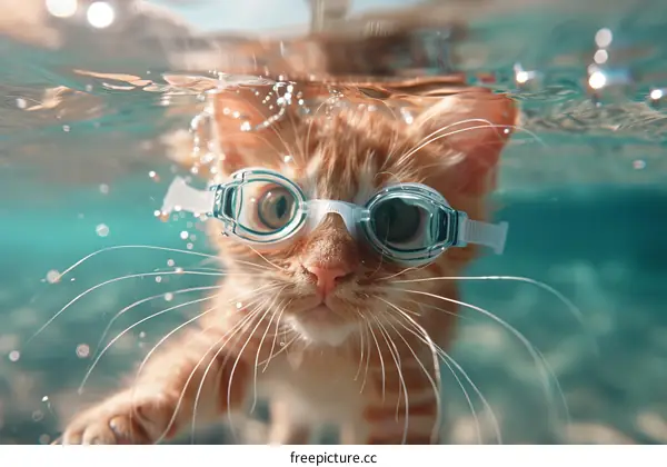 A ginger cat wearing goggles swims underwater