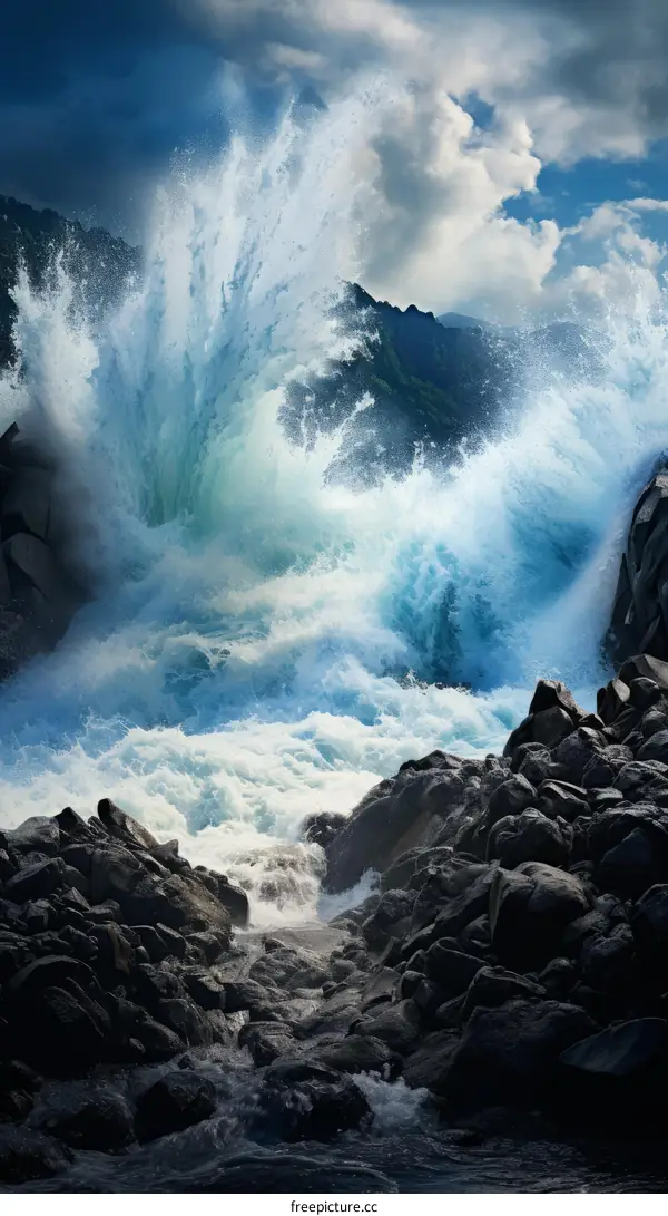 Huge sea wave hits the rocky coast