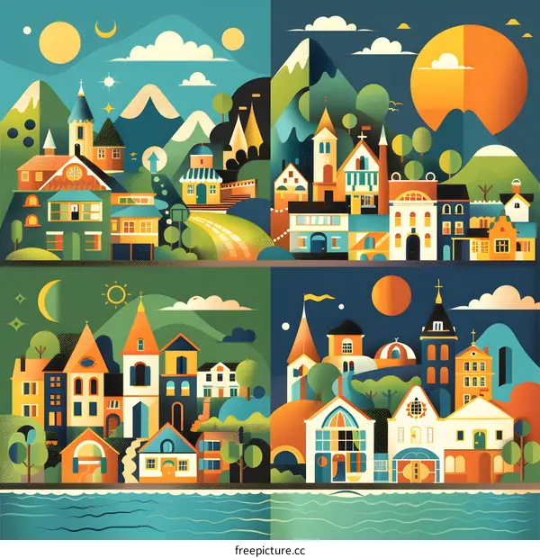 Illustrated Colorful Town With Four Different Seasons
