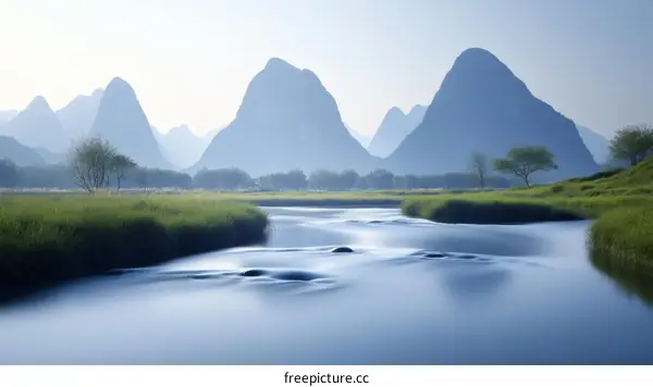 Peaceful Mountain River Landscape in Misty Morning Light