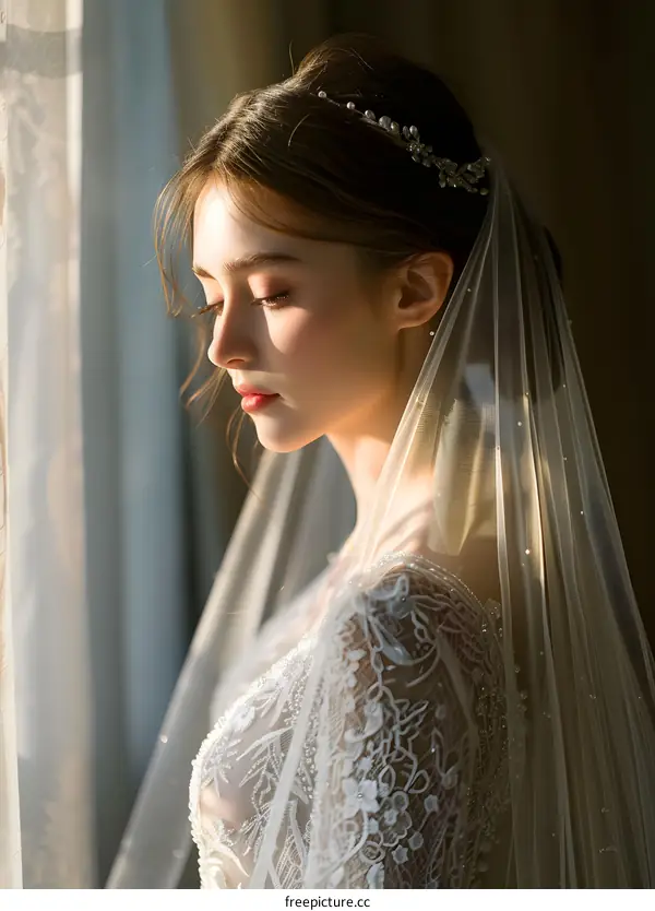 Close-up portrait of a beautiful bride with long brown hair wearing a white wedding dress with lace sleeves and a long veil