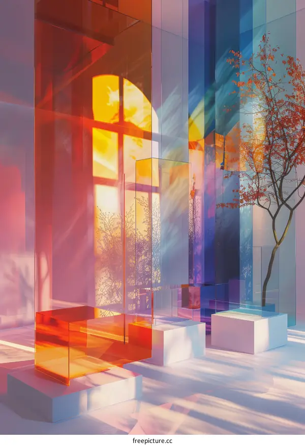 Stained Glass Window Illuminating an Empty Room