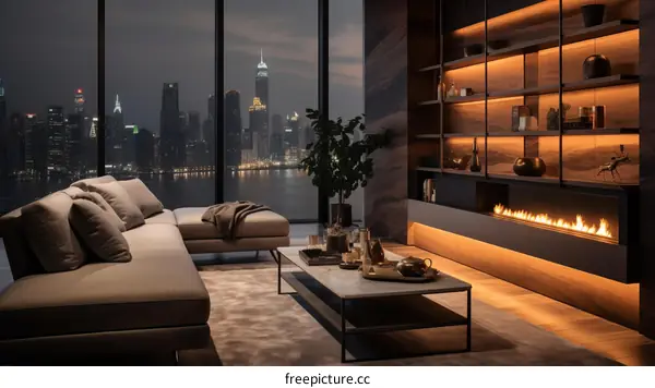 Modern living room interior with city view at night