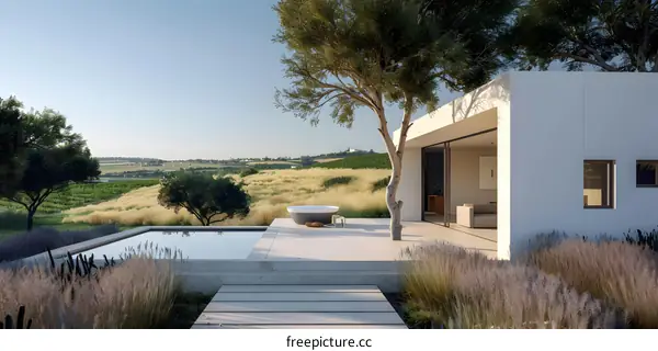 Modern House With Swimming Pool And Patio Overlooking Landscape