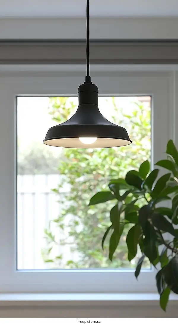 Modern Black Pendant Light Fixture Hanging Above Window