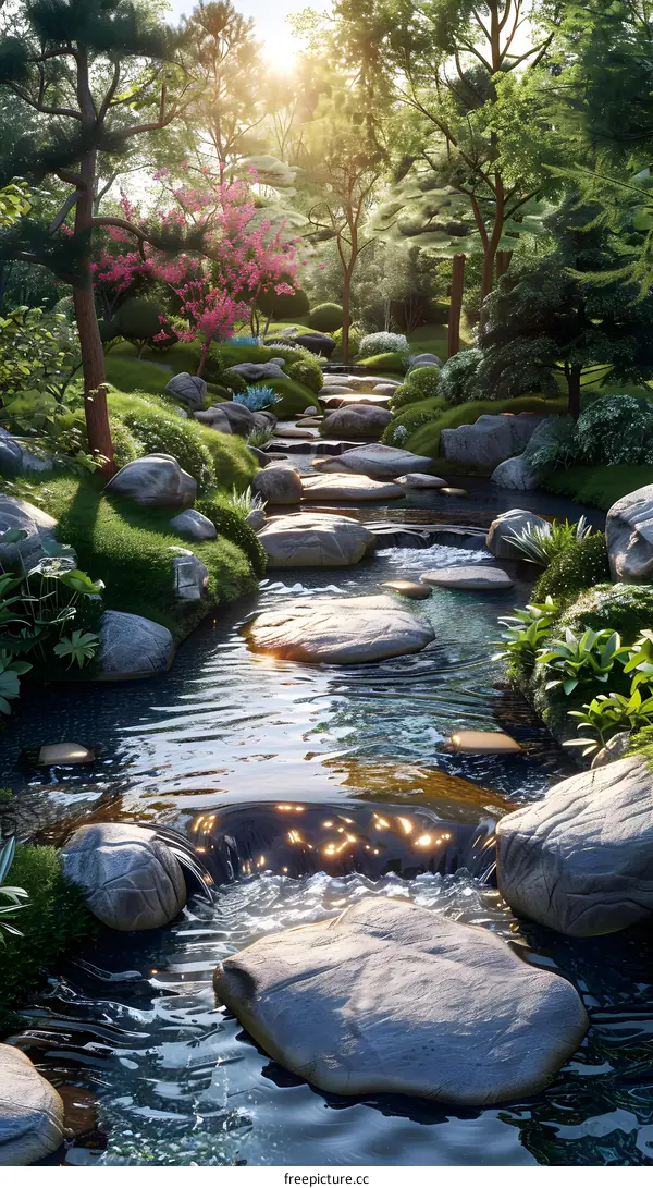 A beautiful landscape of a small river flowing through rocks and green trees