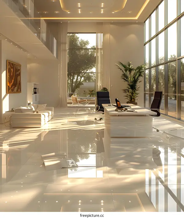 Modern office interior with large windows and a view of the city