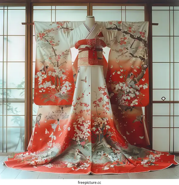 A kimono with a pattern of cherry blossoms and birds