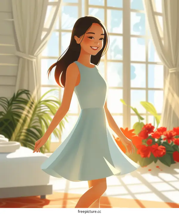 Smiling Asian Woman in Blue Dress Standing in Front of Window