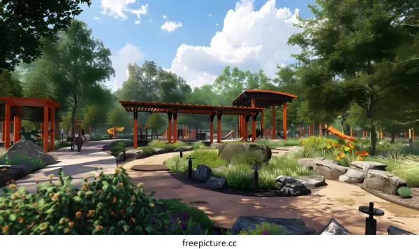 Park Landscape Design with Playground and Winding Path
