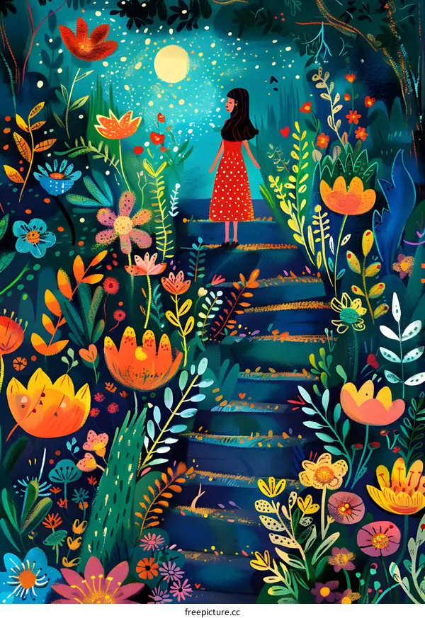 Girl in Red Dress Standing in a Garden Under the Moon