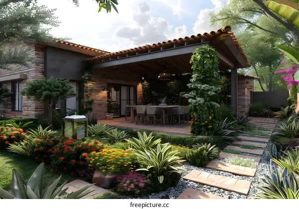 Courtyard of a Spanish style house with a garden full of flowers and plants