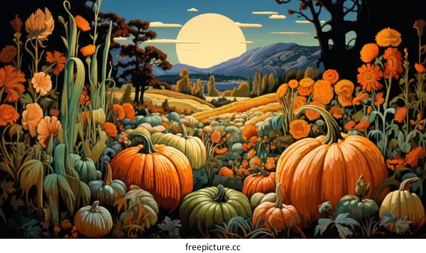 An illustration of a pumpkin field with a full moon in the background