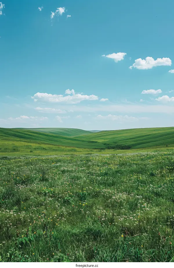 Scenic view of green rolling hills under blue sky with white clouds