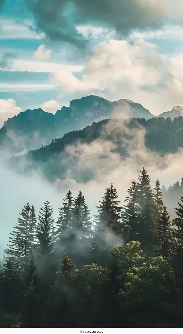 Misty Mountain Range with Pine Trees